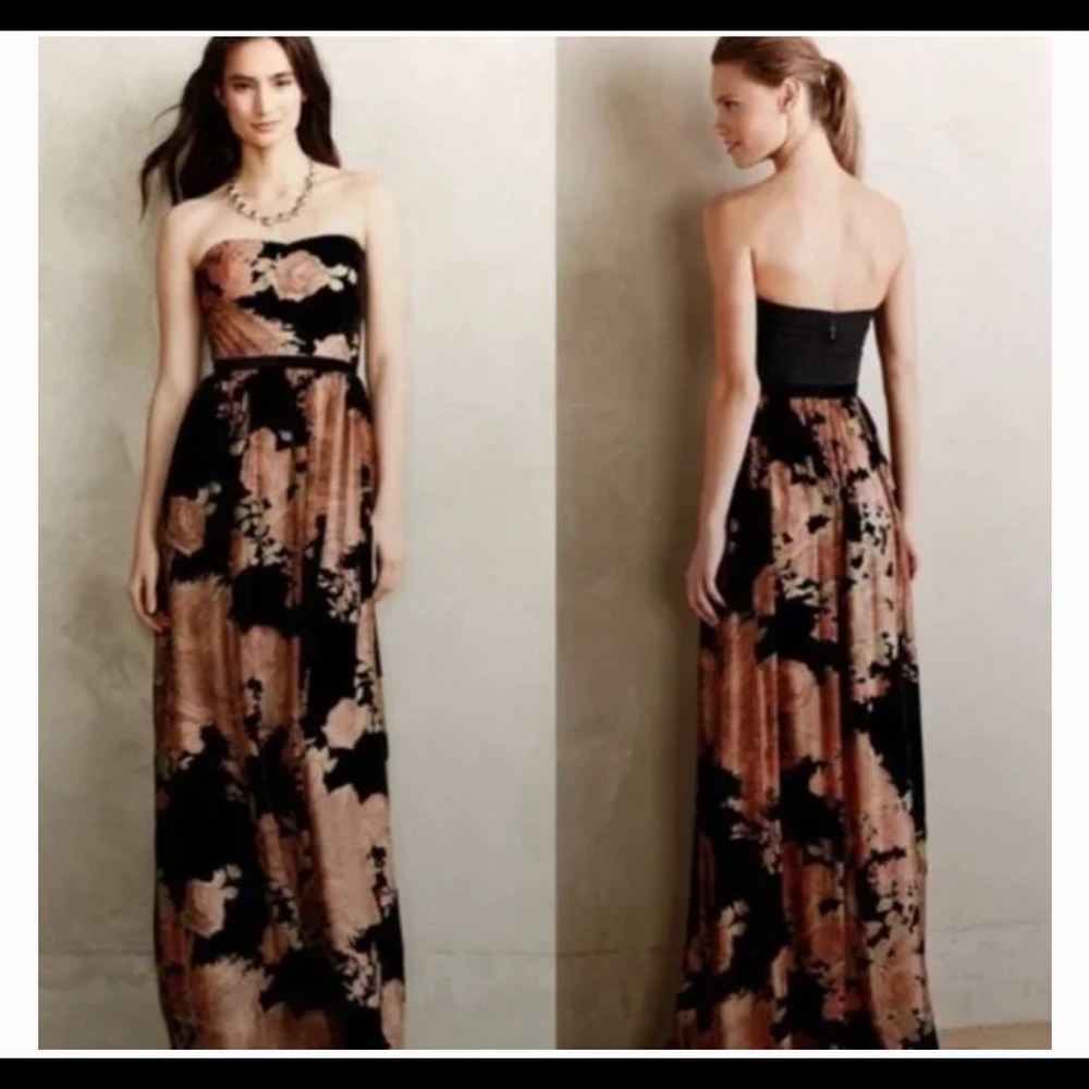 Stunning floral velvet gown from ANTHROPOLOGIE, perfect for a formal event.